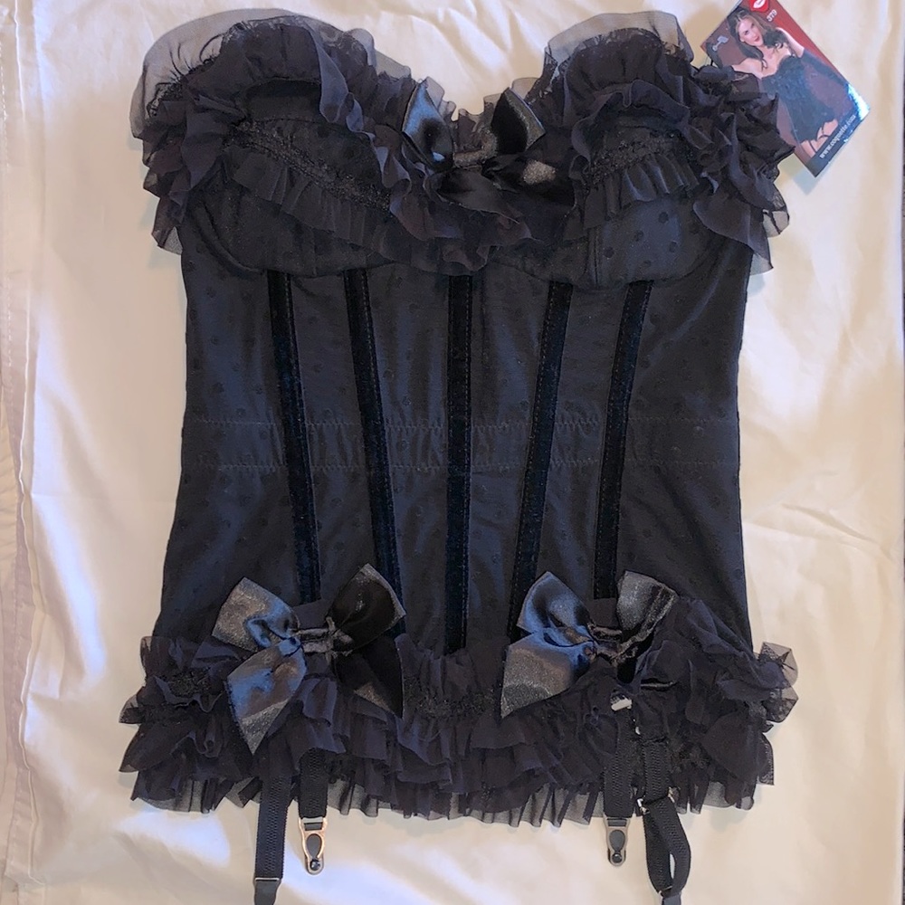 Coquette Polka Dot Ruffle Corset with bows, boning, garter straps, large